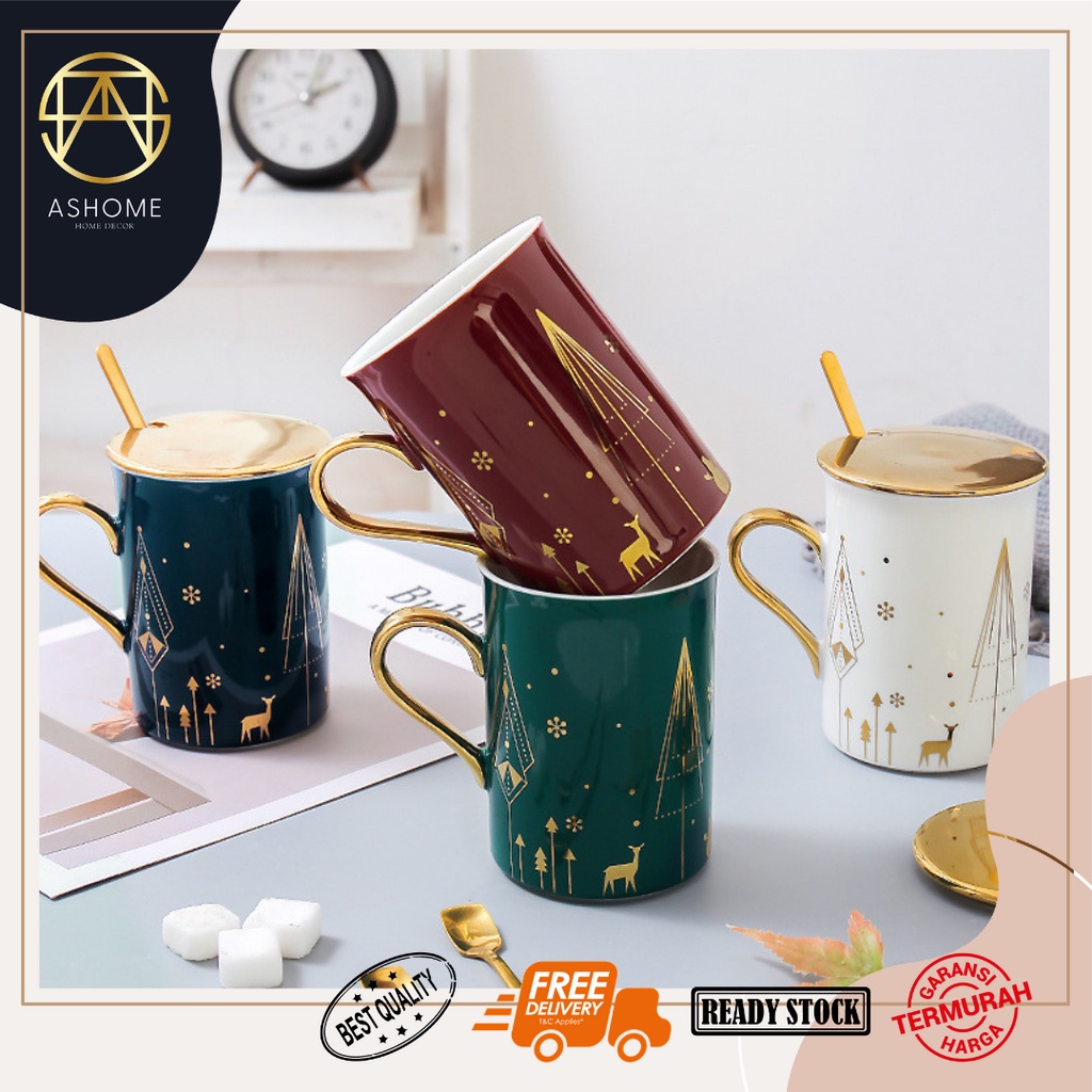 ASHOME Gelas Minum Set Keramik Motif Natal Dengan Tutup Dan Sendok Gold/ Ceramic Mug Set With Cup Li