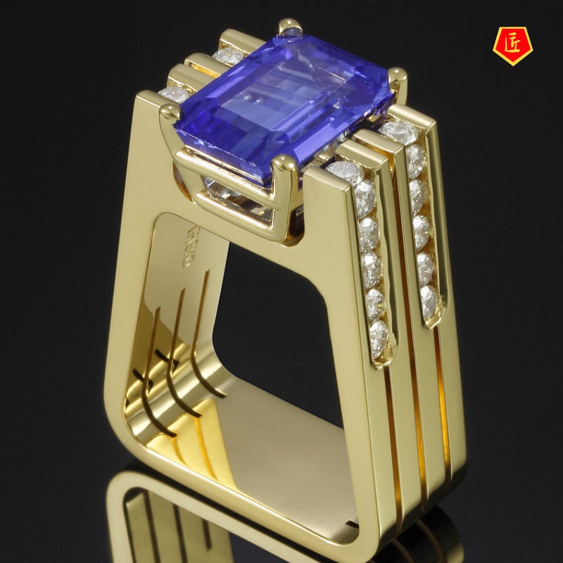 [Ready Stock]Gold Micro Inlay Blue Square Diamond Ring