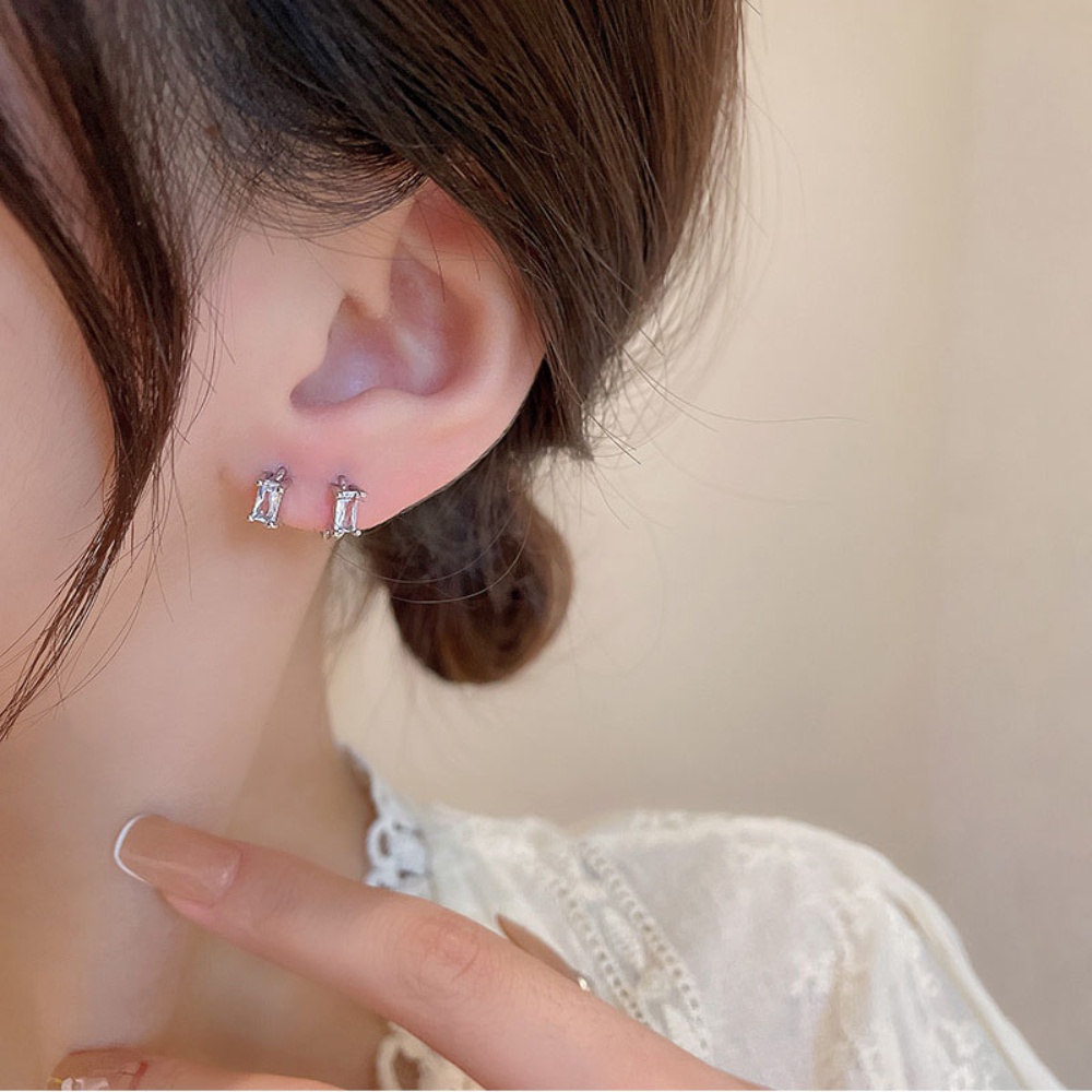 Korea Gaya Sederhana Hoop Klip Anting Elegan Wanita Fashion Perhiasan S925 Sterling Perak Persegi Panjang Zirkon Earrings