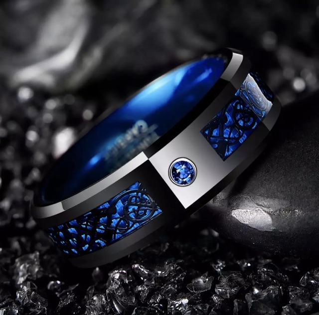 Cincin Pria Tungsten Carbide Original Blue Celtic Dragon Cubic Zirconia Premium