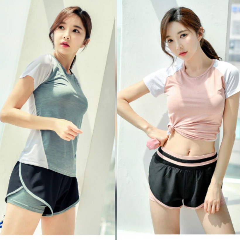 Setelan Baju Kaos Celana Hot Pants Pendek Olahraga Sport Senam Gym Fitnes Wanita Cewek Set Jumbo XL