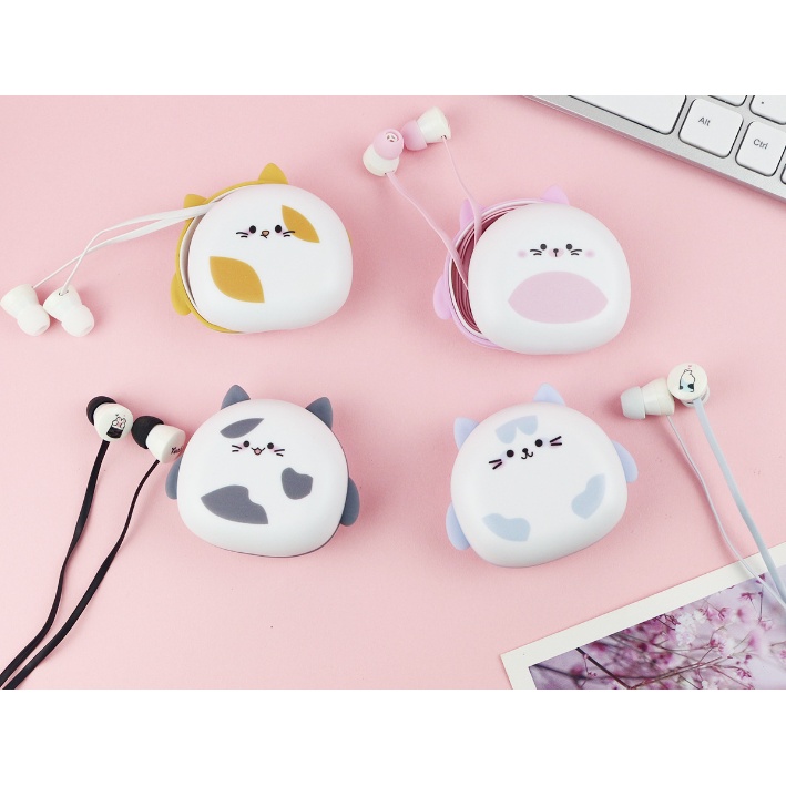 [KIKI-336] Set Headset Earphone Kartun CAT MEOW / Wadah Earphone Karakter KUCING MIAW Lucu / Tempat Penyimpanan Earphone Gambar Kucing