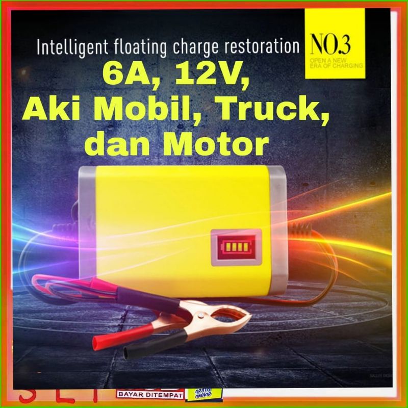 Alat Cas Aki 12V 6A /Car Truck Motorcycle Battery Charger 12V 2A / 6 Amper Cas accu Universal indikator Kuning