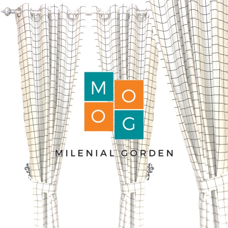 Gorden Minimalis Motif Kotak Putih Bahan Katun Ukuran 150cm-200cm untuk Jendela dan Pintu Free Tali Pengikat dan Hook Lumba