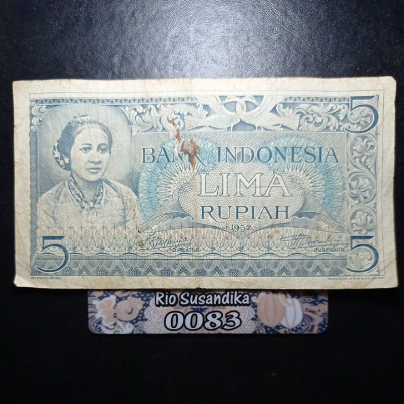 Uang Kertas Kuno Asli Indonesia 5 Rupiah Seri Budaya Th 1952 Kondisi Bekas