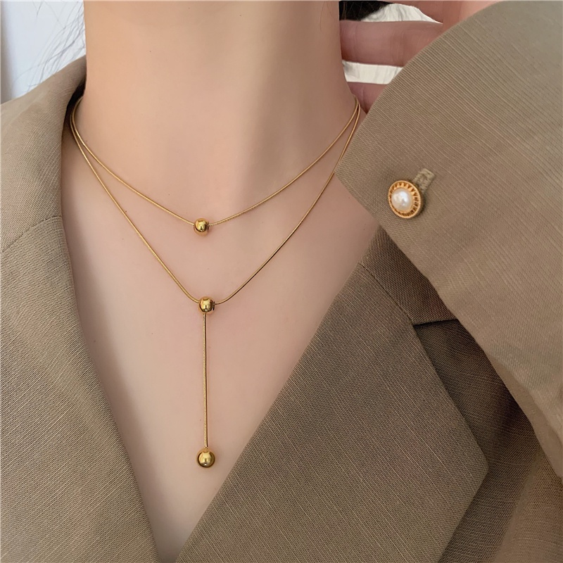 titanium kalung anti karat panjang Double Layer Hias Manik-Manik Bulat Kecil Gaya Korea Untuk Wanita