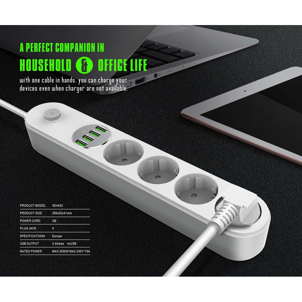 AKN88 - Original LDNIO SE4432 Power Strip with 3 EU AC Sockets 4 USB Ports EU Plug
