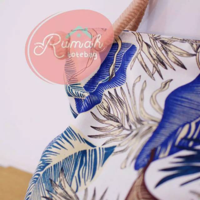 EQ_TAS WANITA/TOTEBAG / TOTE BAG KANVAS DENGAN TALI SUMBU SUDAH RESLETING AMAN MOTIF bunga biru