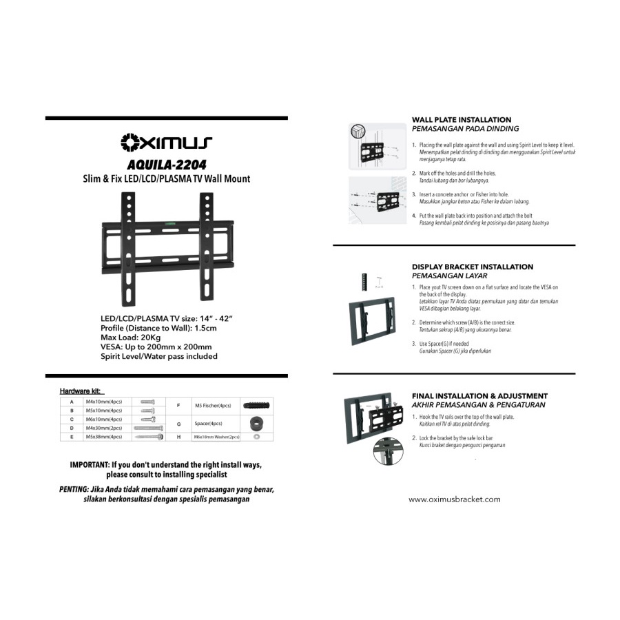 BRACKET TV LED LCD MONITOR 14&quot;-42&quot; OXIMUS AQUILA 2204 WALL MOUNT FIXED