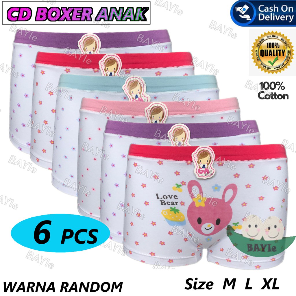 BAYIe - 6 PCS Celana Dalam / CD Anak Perempuan Cewek BOXER GOLDEN NICK W3L4001 Motif BEAR/ Kid's Underwear Size M L XL