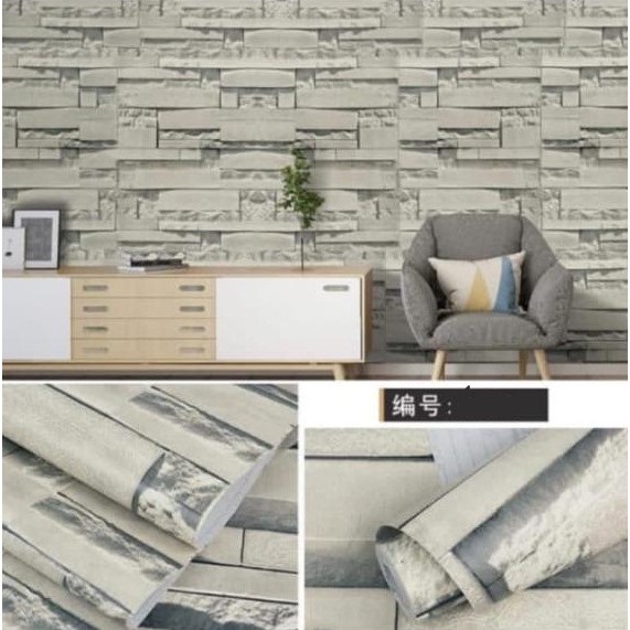 Wallpaper Dinding Ruang Tamu 3D Motif Batu Alam Abu-abu