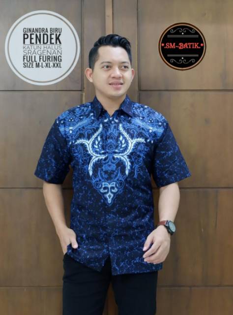 Lemeja Batik Lengan Panjang / Kemeja Batik Lengan Pendek GINANDRA BIRU Batik Warna Biru Berfuring