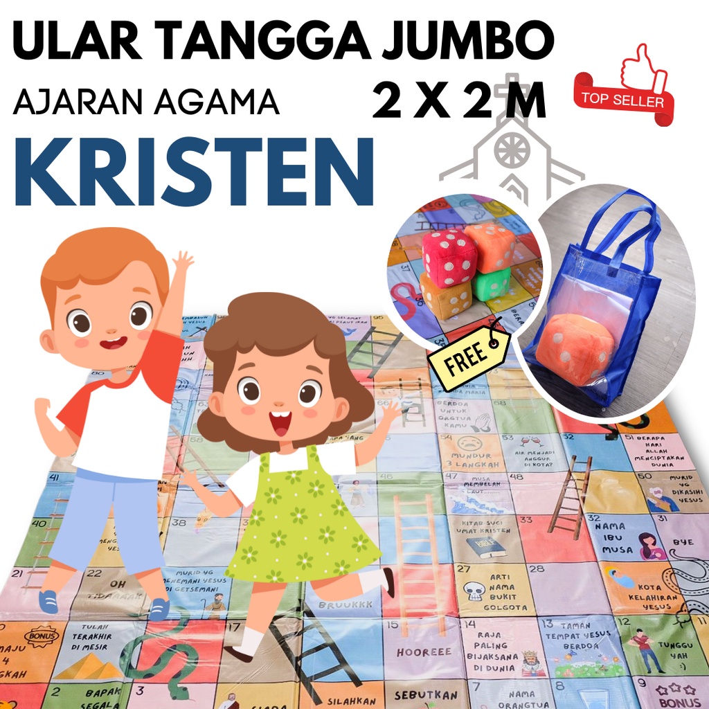 Ular Tangga Jumbo Mainan Edukasi Anak Tema Ajaran Agama Kristen Ukuran 2 X 2 Meter Gratis Dadu
