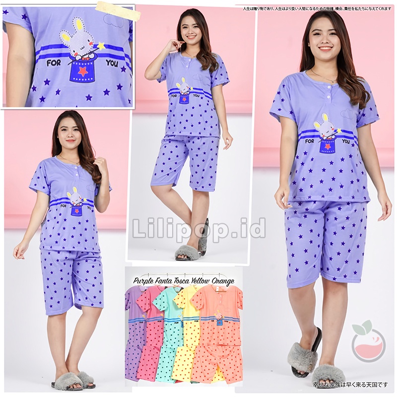 Lilipop.id  Baju Tidur Wanita 3/4 ALL SIZE STANDAR Magic Rabbit Setelan Piyama BabyDoll Kaos Celana Pendek