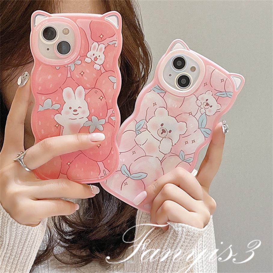 Compatible For iPhone 14 13 12 11 Pro Max X XR Xs Max 8 7 6 6s Plus SE 2020 Soft Case Pelindung Desain Telinga Kelinci Strawberry Peach Bear Untuk