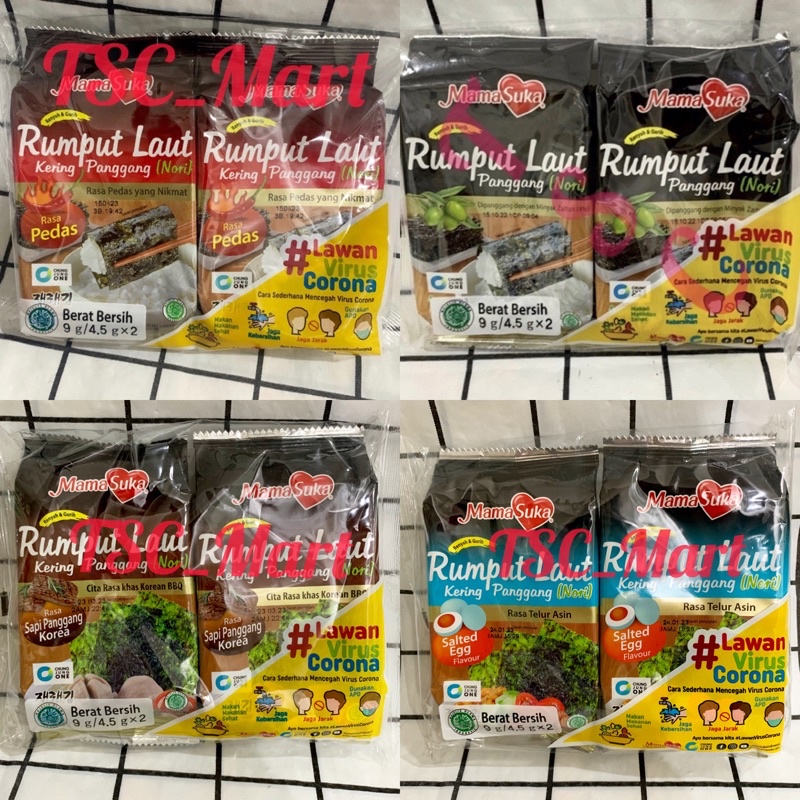 

Mamasuka / Mama Suka Rumput Laut Panggang 2 sachet / Nori Roasted Seaweed / Asin / pedas / rumput laut / seaweed / nori / spicy / mamasuka / mama suka / salted Egg / Sapi Panggang