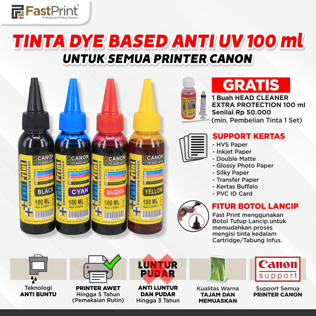 Tinta Dye Based Anti UV Canon 1 Set - 4 Warna - 100 ML