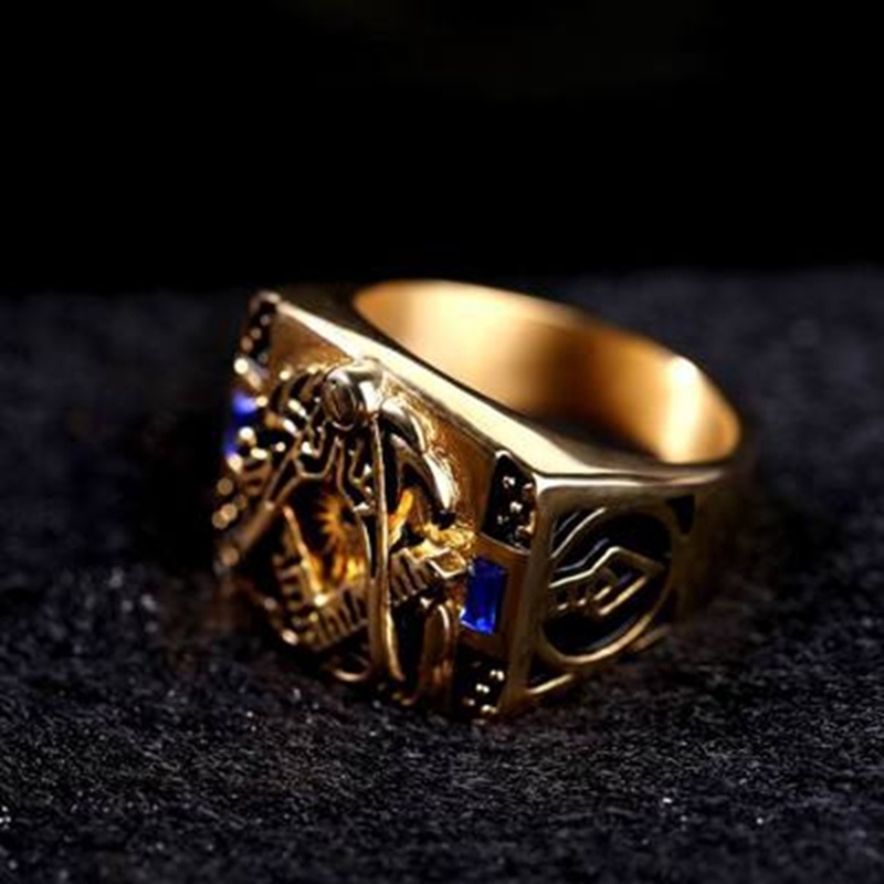 Cincin Emas Masonic Retro Hias Batu Permata Biru Untuk Pria