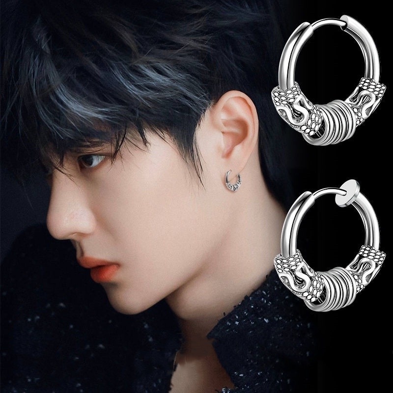Anting Stud Liontin Bulat Bahan Stainless Steel Lapis Perak Gaya Punk Hip-Hop Untuk Pria