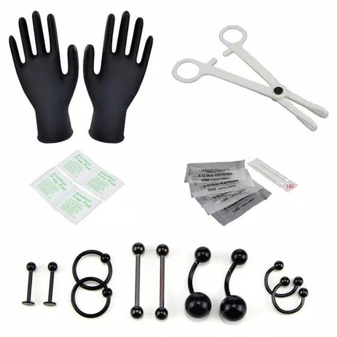 LENGKAP SET ALAT TINDIK PIERCING PENJEPIT JARUM ANTING PERUT LIDAH