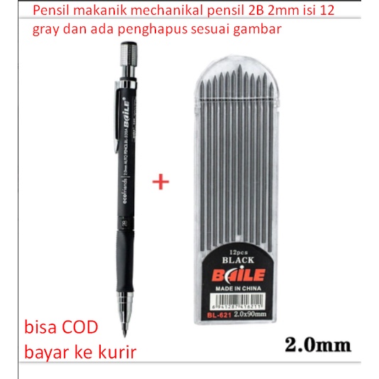 

Pensil makanik mechanikal pensil 2B 2mm 12 isi gray dan ada penghapus sesuai gambar