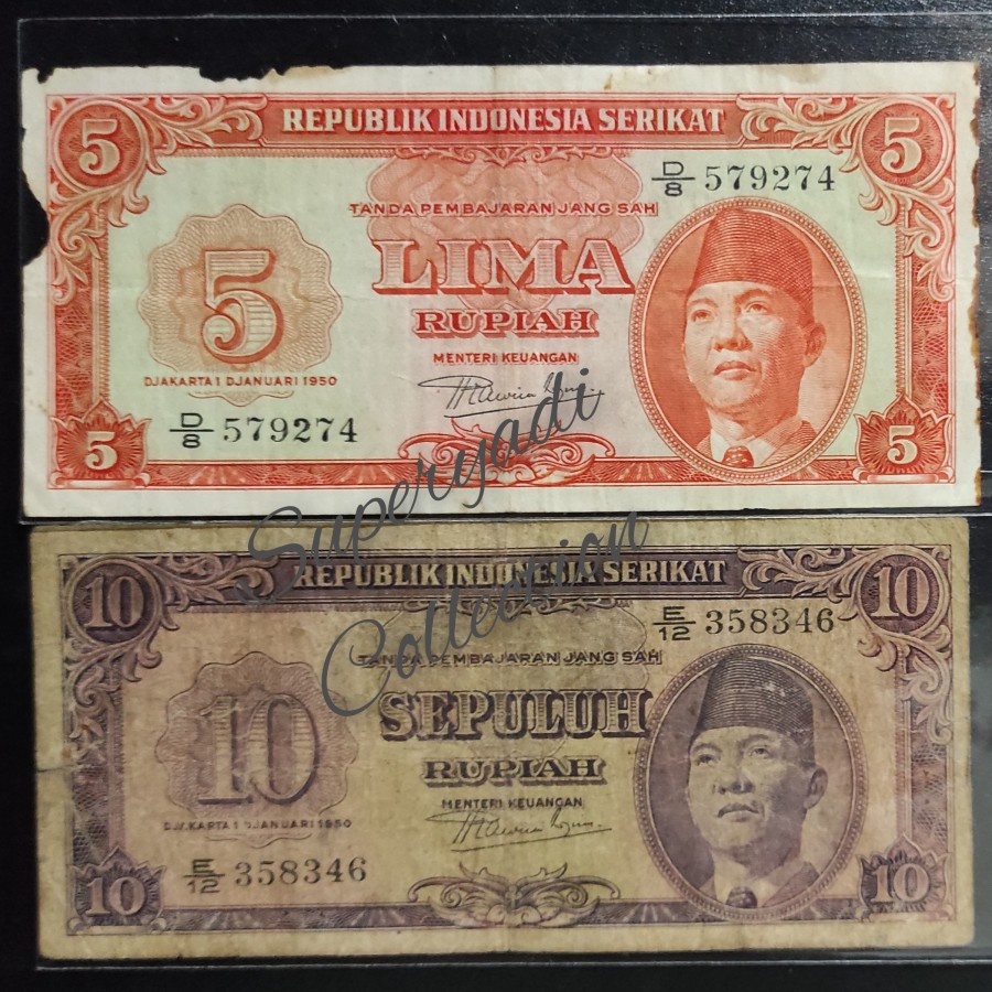 Set Uang Kuno Rp 5 & 10 1950 Soekarno RIS Republik Indonesia Serikat