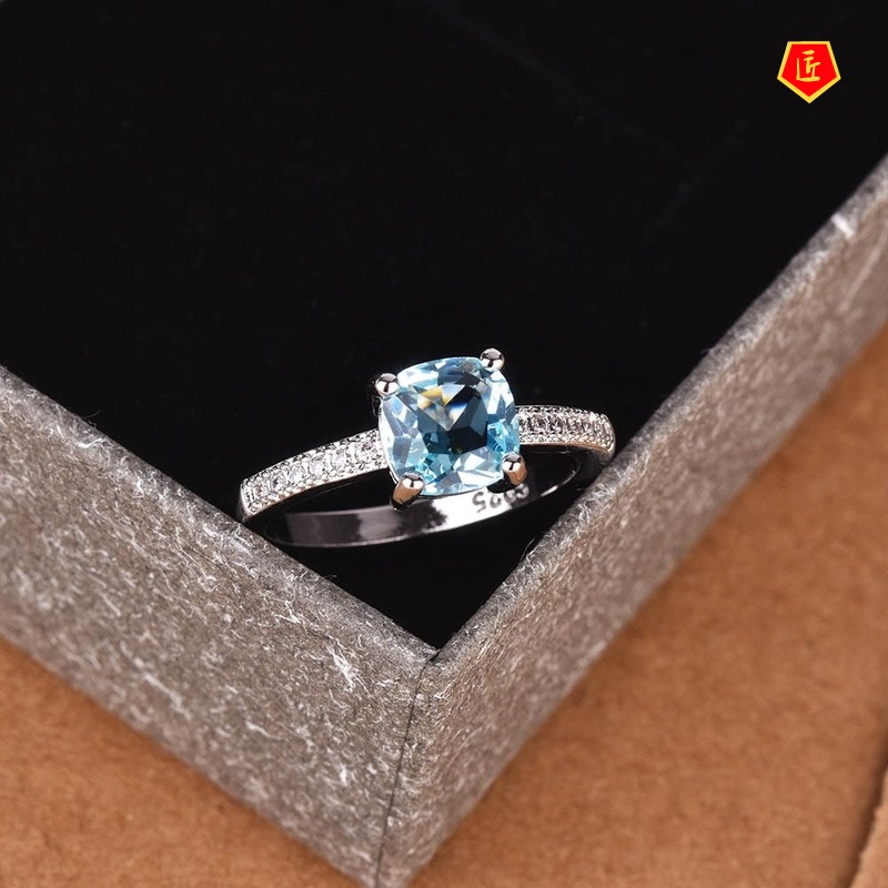 [Ready Stock]Inlaid Blue Topaz Square Diamond Ring Classic Simple