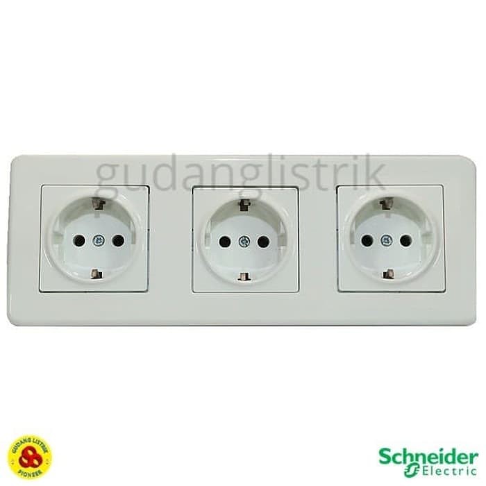 Schneider Stop Kontak Arde 3Gang Leona dengan Frame 3 Gang &amp; Schuko Socket