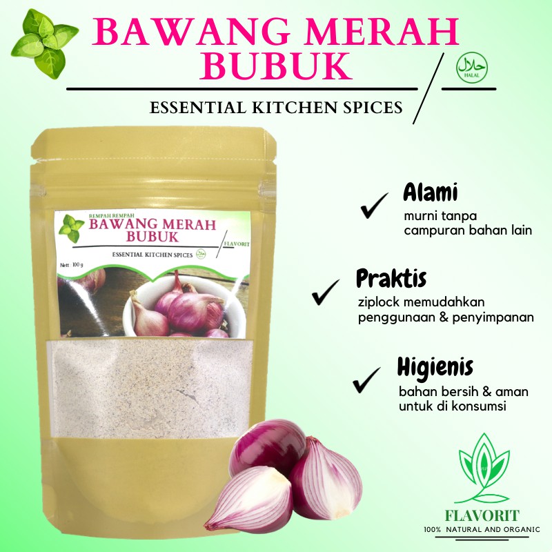 

Bumbu Bawang Merah Bubuk Onion Powder Halus Murni Organik Penyedap Rasa Non msg Rempah Herbal Murah