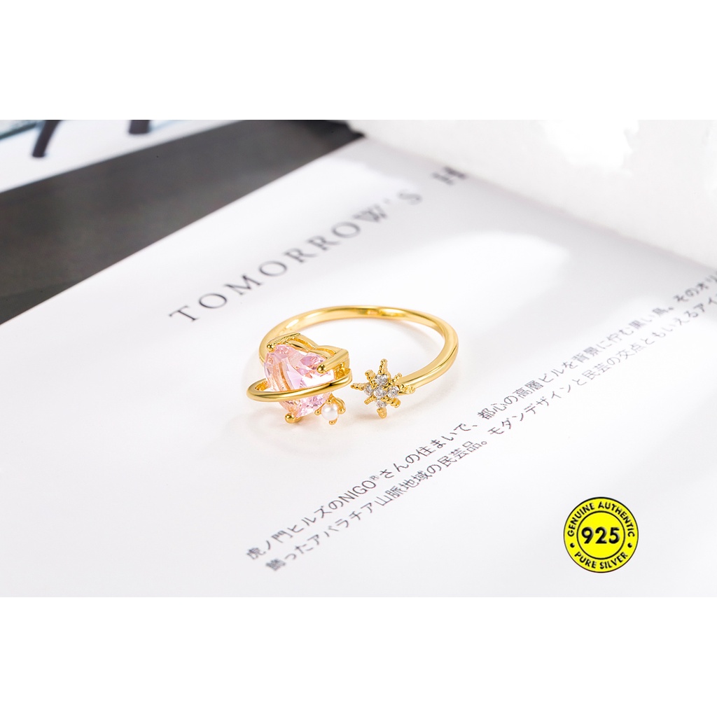 Cincin Model Terbuka Bahan Sterling Silver Gold Plated 18K Hias Zircon Pink Untuk Wanita