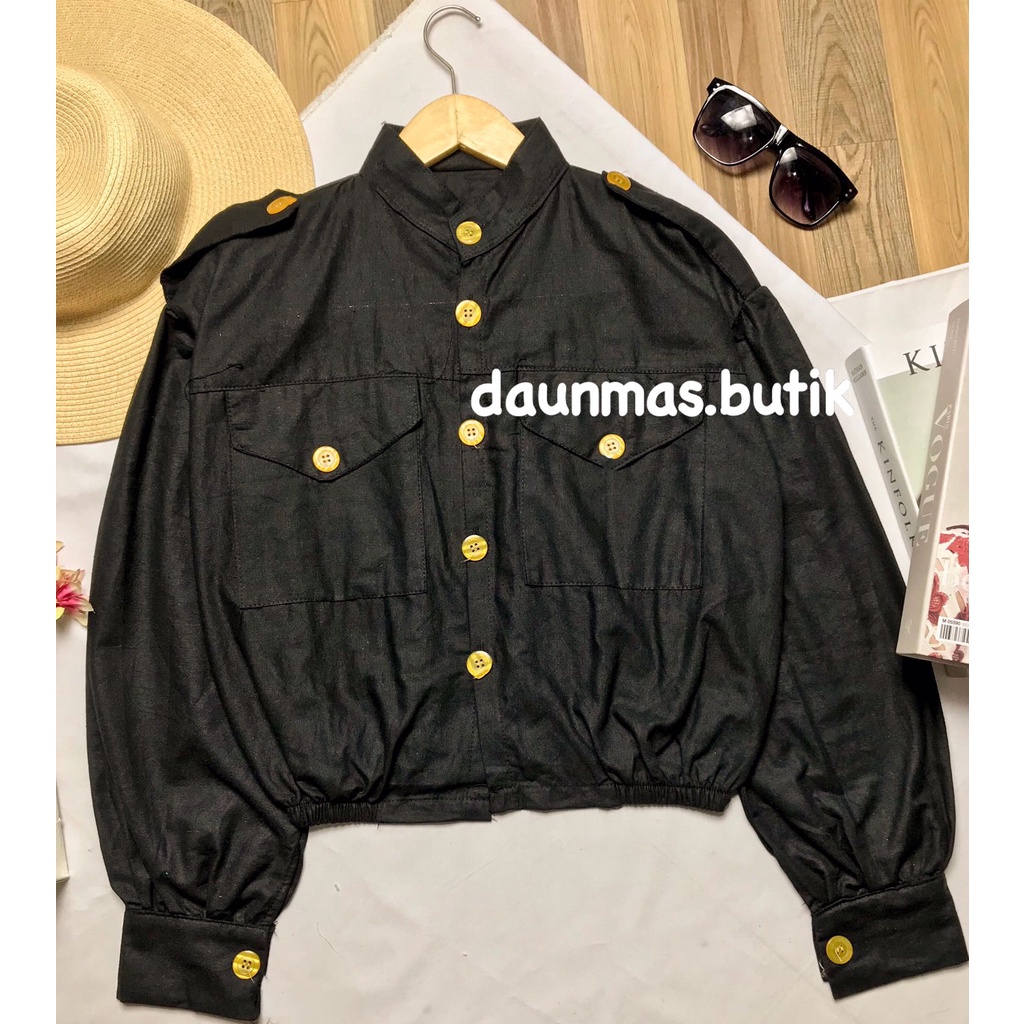 1KG MUAT 5PCS | OCHI JAKET PUFFY LINEN RAMI OCHA OVERSIZE HITS OOTD SELEBGRAM FASHION GROSIR WANITA KOREAN STYLE-OCHI OCHA BLACK