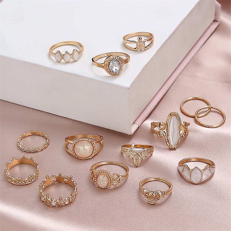 14pcs / Set Cincin Berlian Imitasi Amber Ukir Langit Berbintang Gaya Retro Untuk Wanita