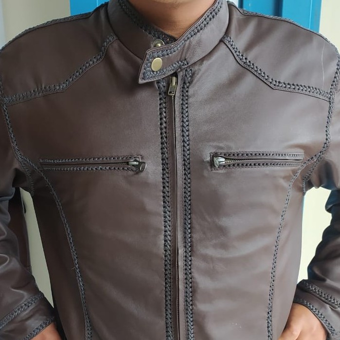 Jaket Kulit Pria Asli Domba Model Jahitan Sulam Elegant Brownie Ariel Noah