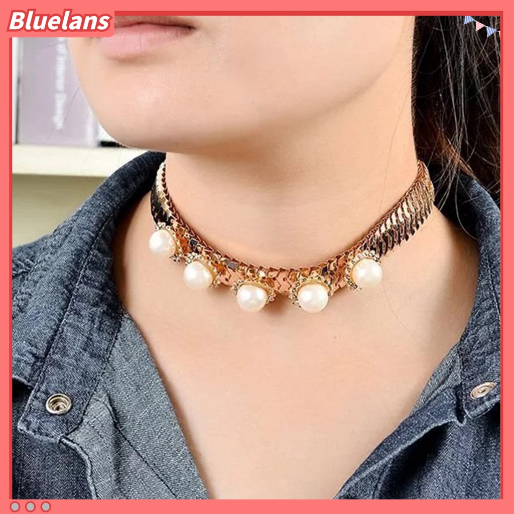 Kalung Rantai Ular Adjustable Bahan Alloy Hias Mutiara Berlian Imitasi Untuk Wanita