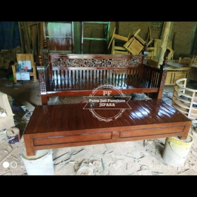 Bangku bale bale kursi tamu susun panjang kayu jati mebel Jepara murah
