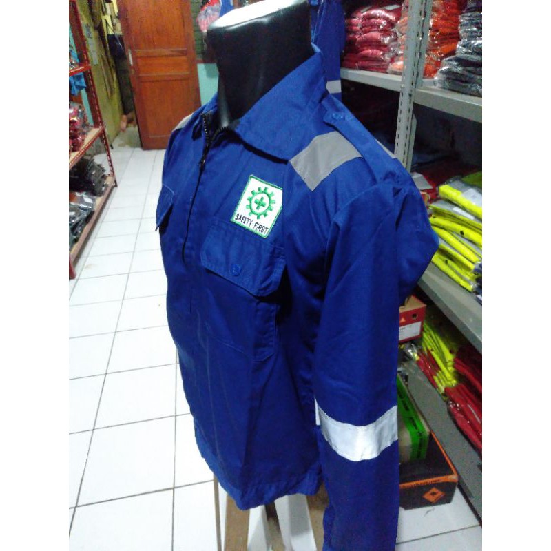 SERAGAM SAFETY BAHAN CATON TEBAL ADEM PREMIUM BIRU BENHUR RESLETING FREE LOGO K3 SCOTLIGHT 5CM