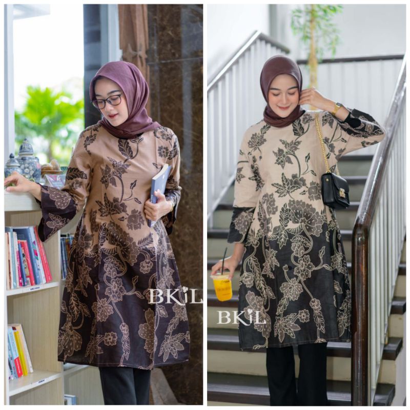 BKiL midi dress tunik batik cewek motif bunga modern modis stylish M L XL XXL BIG SIZE JUMBO BROWN M