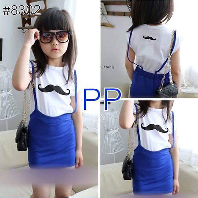 Setelan Jumpskirt Mustache Set 2in1 (baju, overall skirt)