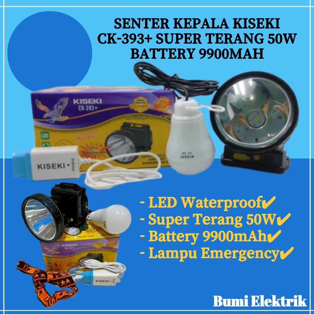 Headlamp LED Senter Kepala Kiseki 50W CK-393+ Cahaya Putih Super Terang Waterproof Anti Air Hujan / Lampu Senter Kepala LED 50Watt Bonus Charger+Bohlam