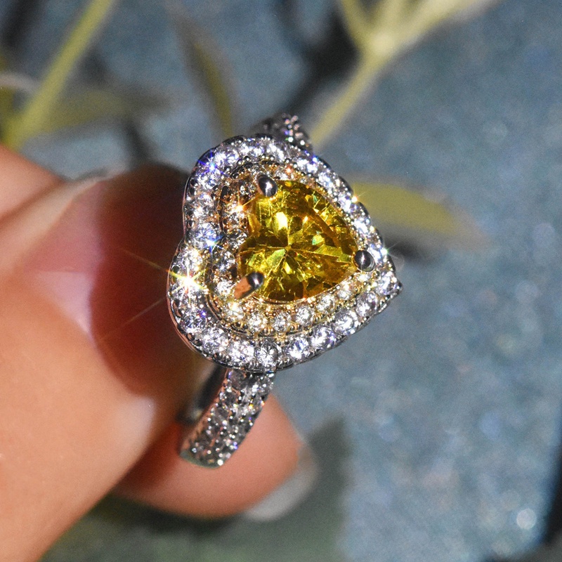 Cincin Lapis Ganda Bentuk Hati Aksen Batu Permata Kristal Zirkon Warna Kuning Untuk Pernikahan