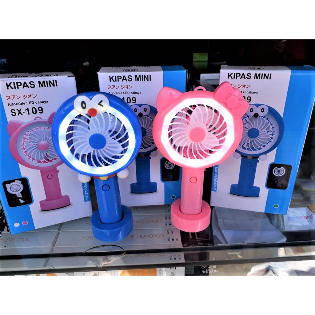 Kipas Angin Portable Genggam 2 IN 1 / Mini Hand Fan LED Hello Kitty Doraemon