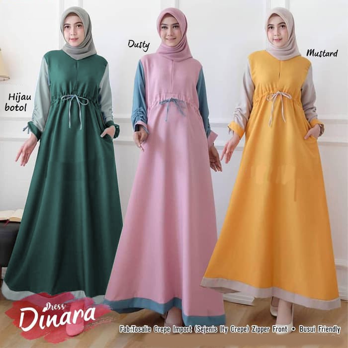 DINARA Dress Muslim Murah Tangan Pinggang Serut