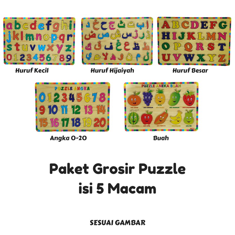 Rapid Toys Isi 5 / Paket Puzzle Kayu Edukasi Edisi Baru  / Huruf Hijaiyah Besar Kecil Angka Dan Buah