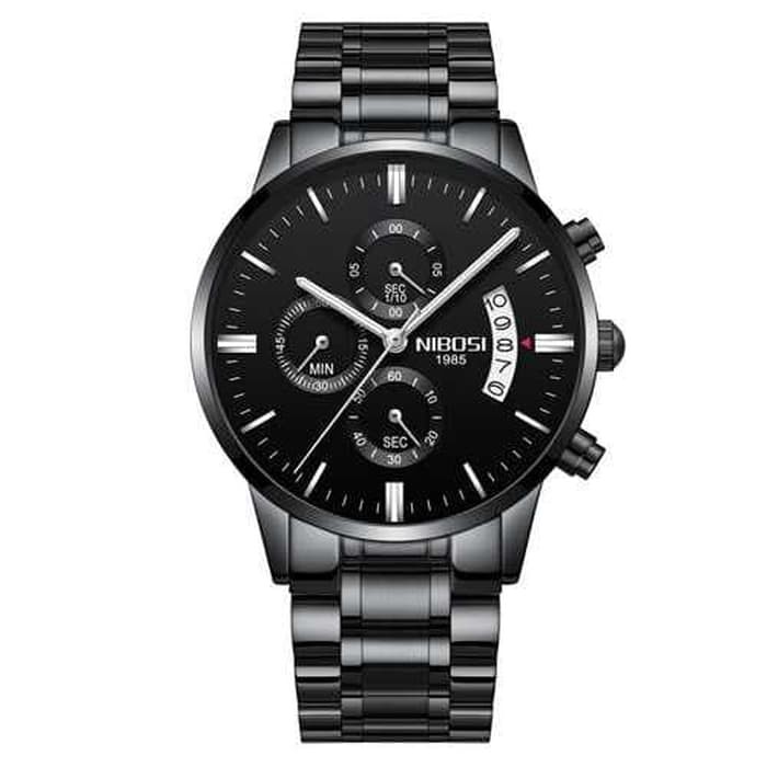 Jam Tangan Pria Original NIBOSI Chronograph 2309 Rantai Anti Air Black
