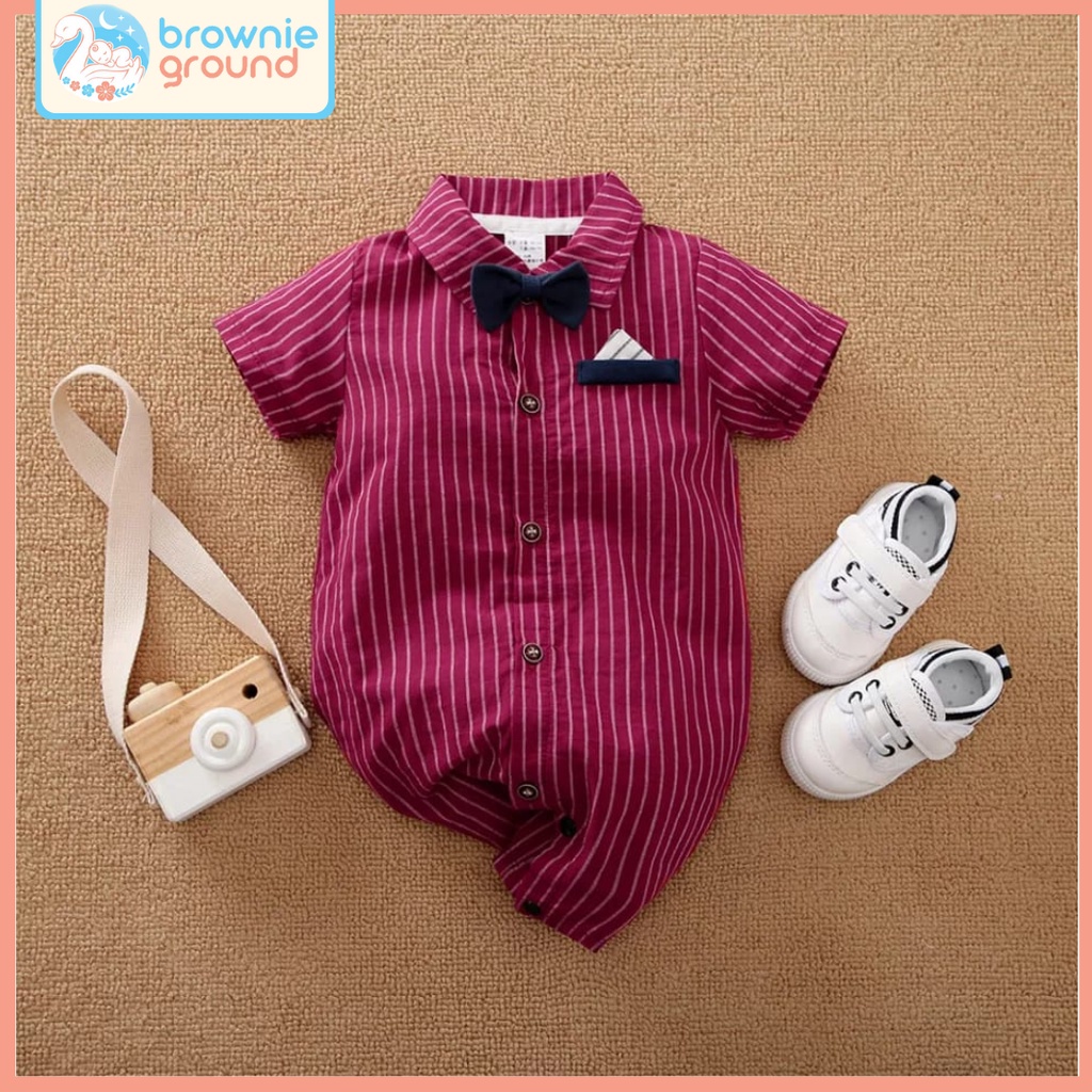 BROWNIEGROUND - Jumper bayi lakilaki lengan pendek 0-24 bulan motif STRIPS MERAH &amp; PUTIH / TUXEDO BAYI baju bayi IMPORT KOREA