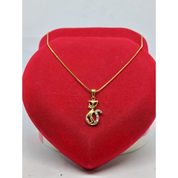 KALUNG PERAK 925 ASLI LAPIS EMAS/KALUNG ITALI KACA+LIONTIN KUCING MATA PUTIH/ASLI SILVER/PERHIASAN K