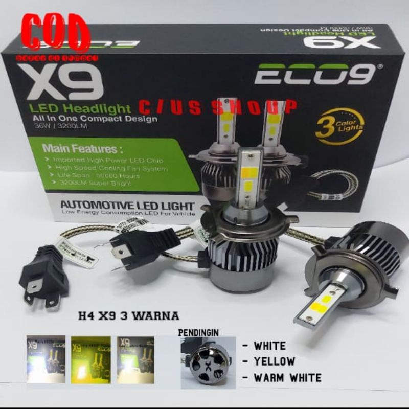 LAMPU LED H4 MOBIL X7 X9 X10 ECO9 3WARNA Hi LOW...