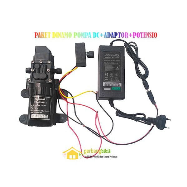 Paket Pompa air dinamo dc 12v plus adaptor dan potensio