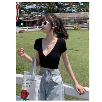 Giorgio Sexy V-neck T-Shirt Crop Top Mouren Top - Kaus Atasan Crop Silang Leher-v Kaus Wanita / S9