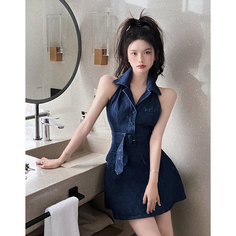 Mini Dress hot girl high-end denim dress wanita musim panas Hepburn gaya tanpa lengan a-line polo ke